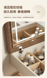 Modern lifting vanity table with mirror in cream finish, featuring rotating top and adjustable height for bedroom use