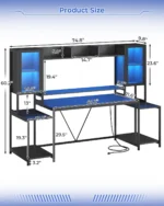 Gaming Desk 74.8'' with LED Lights, Hutch and Storage Shelves, Computer Desk with Monitor Stand, Large PC Gamer, Customized