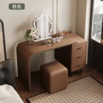 modern extendable dressing table with mirror and stool in a bedroom