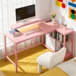 NOST&HOST Pink L Shaped Gaming Desk LED Power Outlets,42" Corner Computer Desk Reversible Shelves Hooks Home Office Bedroom Desk - Image 9