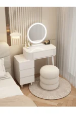 Modern storage vanity table with mirror and stool featuring multiple drawers for bedroom organization