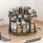Kitchen countertop organizer with 360° rotating wooden spice rack holding oil, salt, and soy sauce bottles