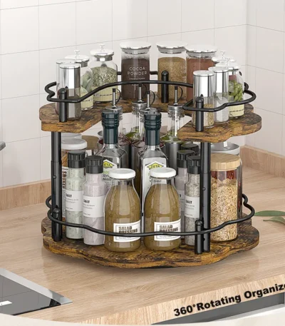Spices Rack 360° Rotating Seasoning Holder Storage Tray Kitchen Organizer Wooden oil, salt, soy Bottle Storage Rack for