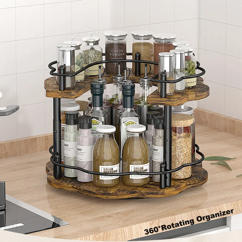 Sf9f6ff4f46cc4164a1d33942e7745bc3o.webp Kitchen countertop organizer with 360° rotating wooden spice rack holding oil, salt, and soy sauce bottles
