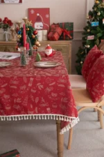 Beautiful Merry Christmas Red Jacquard Christmas Tree Bell Deer Tassel Tablecloth Tea Table Tablecloth Cover Towel