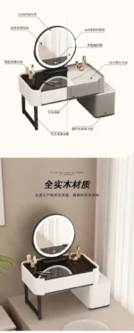 Modern minimalist dressing table with storage shelf for makeup organization in a bedroom