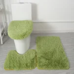 Plush bathroom rug set with toilet lid cover and mat in a modern bathroom