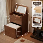 Wooden makeup vanity with mirror and stool in a modern bedroom setting