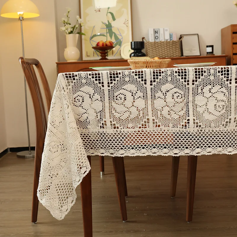 Rectangular Hollow Out Knitted Tablecloth Rural Retro Cotton Thread Crochet Dining Table Cover Lace Tea Table Cloth Table Flag