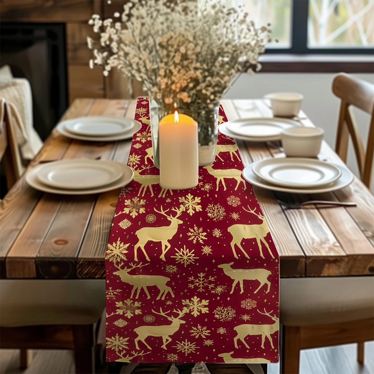 Sfba7f85e11824c9aa88bb954ee08569cw.webp Christmas table runner with elk pattern on a dining table