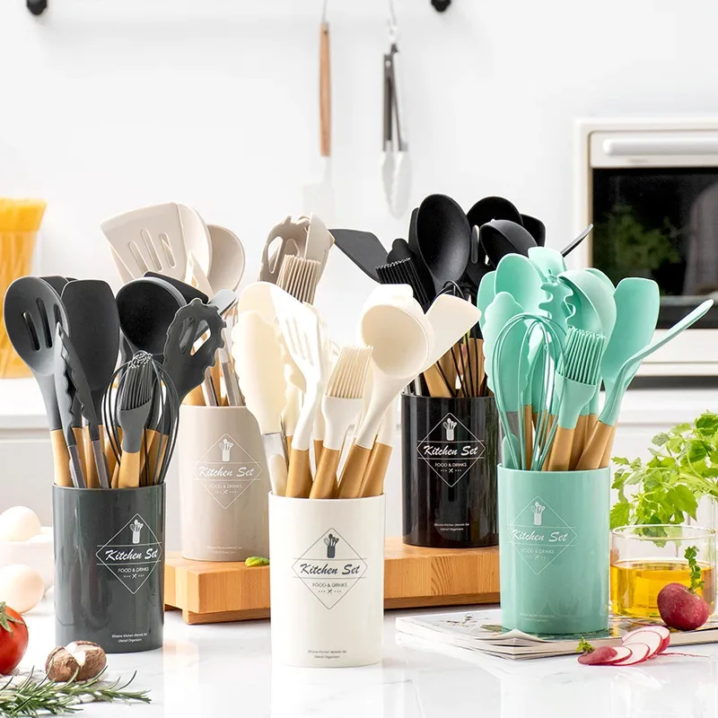 12PCS Food Grade Silicone Kitchen Cookware Utensils Turner Spatula Measuring Spoons Practical Cooking Tool Kitchenware Set