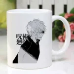 Anime coffee mug with Jujutsu Kaisen Gojo Satoru surrounded by water design on white ceramic