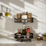 3-tier rotating spice rack filled with spice jars on a kitchen counter, 360-degree view