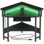 JHK Corner Desk Office Computer Desk for Small Space with LED Lights Gaming Table with Storage Shelves Power Outlets For Home