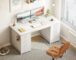 48" White Computer Desk with 8 Fabric Drawers Large Storage Home Office Study Gaming, Customized – top view