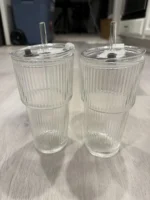 Glass Tumbler, 2-Pack Iced Coffee Cups with Straws, Modern Glass Mug for Cold & Hot Beverages, for Smoothies, Tea, and