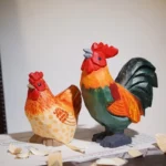 Farmyard Rooster and Hen Handmade Wood Sculpture Countryside Themed Office Home Desk Decor Set DIY Landscape Miniatures