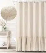 Ruffle Shower Curtain for Bathroom Farmhouse Bohemian, Natural Linen Machine Washable with 12 Hooks, 72"*72" – top view