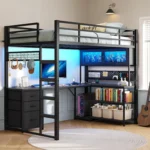 Twin Loft Bed L-Shaped Gaming Desk Storage Hutch Power Outlet Metal Frame RGB Lights Space Saving Teens Black, Customized