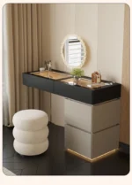 Minimalist modern dressing table with mirror and stool in a bedroom setting with 4 drawers and 4 doors