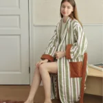 Color Matching Cotton Bathrobe Striped CottonYarn Bathrobes Soft Cozy Absorbent Bath Towel Robes V Neck Hooded Loose