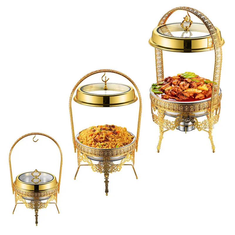 Gold 9L buffet food warmer with hanging hinged lid on catering table