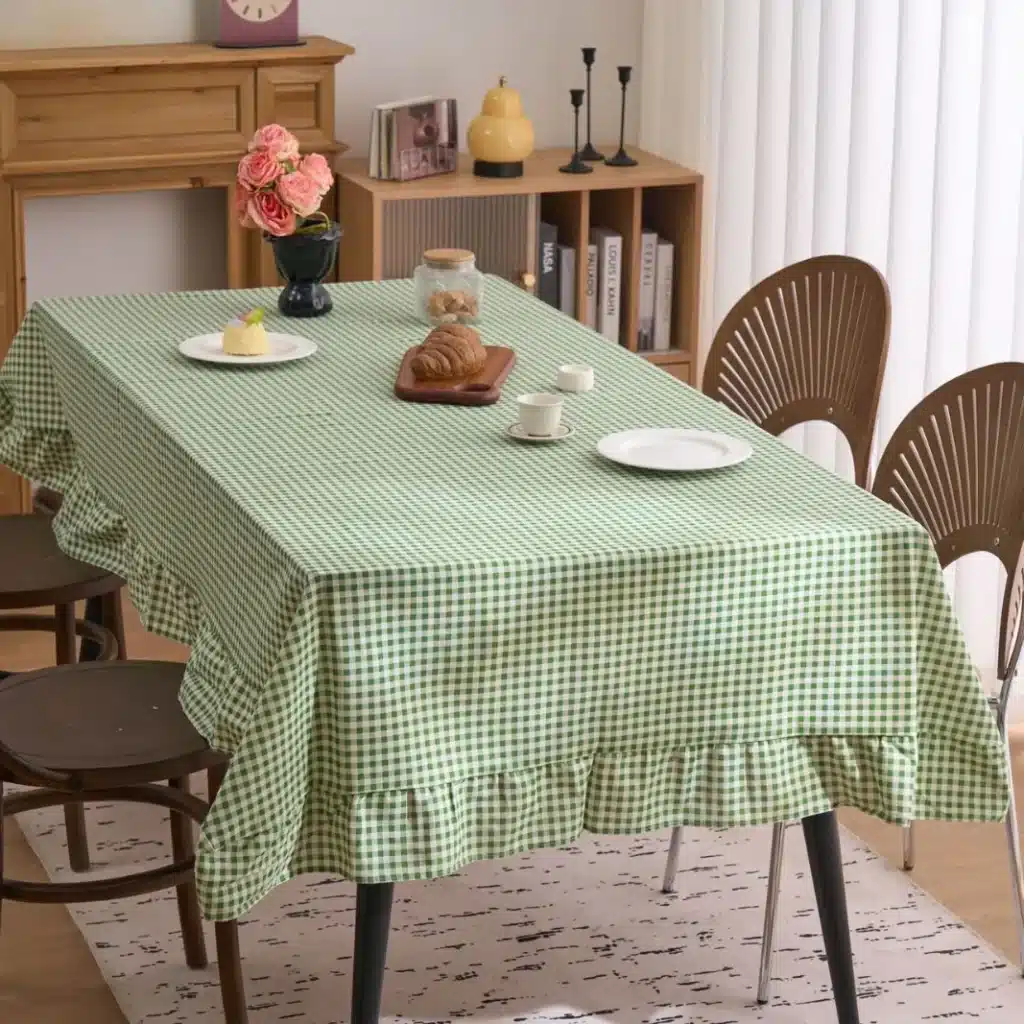 French Retro Plaid Rectangular Tablecloth Print Lotus Leaf Edge Round Table Cloth Vibes Dining Table Decor Living Room