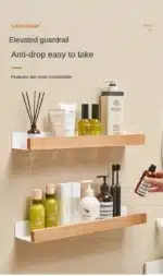 Beech wood bathroom storage rack wall mounted light luxury living room non perforated bathroom storage rack bathroom shelf