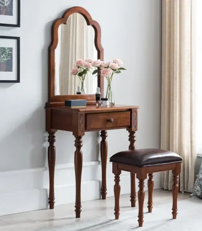 Classic solid oak makeup vanity table with mirror and drawer in a bedroom setting