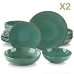 Vancasso KARST green stoneware dinner set with embossed plates and bowls on a rustic wooden table