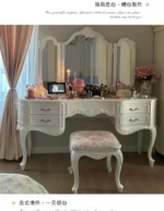 Modern wooden vanity table with mirror and stool in white finish for bedroom