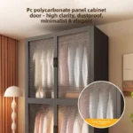 Minimalist open wardrobe closet with metal frame in a modern bedroom setting