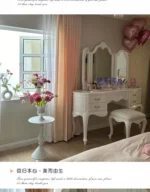 Modern wooden vanity table with mirror and stool in white finish for bedroom
