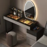 Modern dressing table set with mirror and stool in a stylish bedroom
