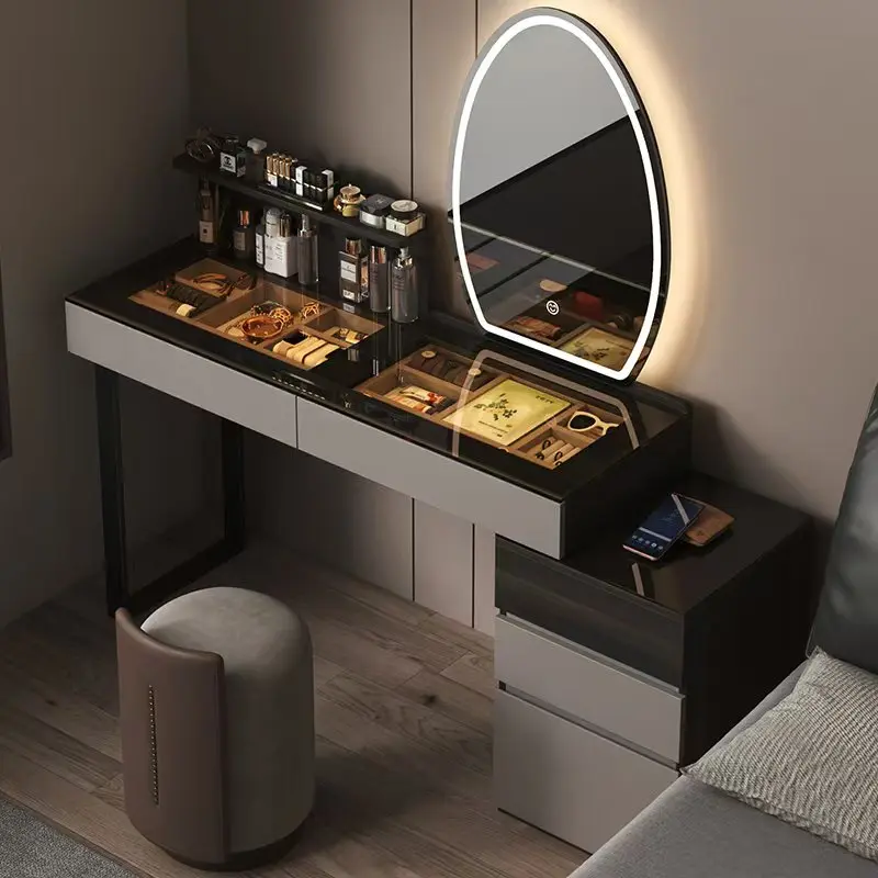 Goldoma Minimalist Modern Dressing Table with Mirror and Stool