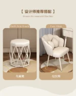 Modern wood makeup vanity table with mirror, drawer, and stool in a bedroom setting