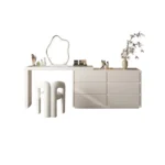 Modern LED vanity desk with mirror and stool in bedroom setting