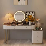 Modern dressing table with mirror and two drawers in white painted finish for bedroom use