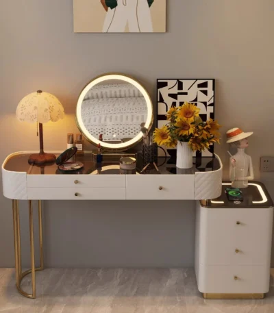 Modern dressing table with mirror and two drawers in white painted finish for bedroom use