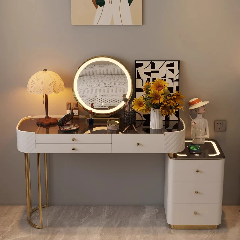 Sfe30f690b98e4a31916fdaac4bf5b1822.webp Modern dressing table with mirror and two drawers in white painted finish for bedroom use