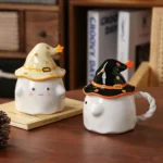 450ml Dreamy Ghost Cat Ceramic Mug with Lid – Cartoon Anime Style Couples' Cup/Holiday Gift, Unisex Cute Drinkware – in a