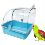 Clear plastic bird bath tub mounted on a metal birdcage bar.