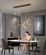 White pendant light with a geometric metal frame in a bright interior.