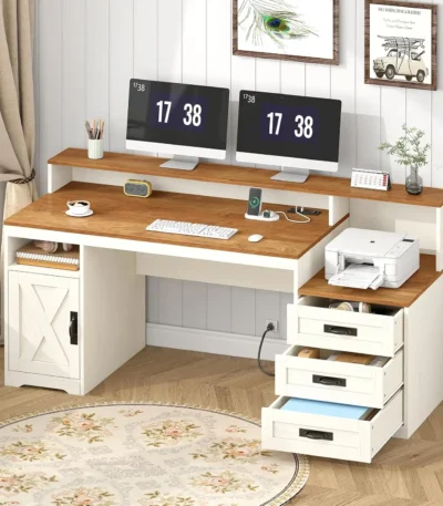 Farmhouse Computer Desk with Drawers, 65'' Home Office Desk with Power Outlets, Storage Cabinet and Printer Stand, Customized