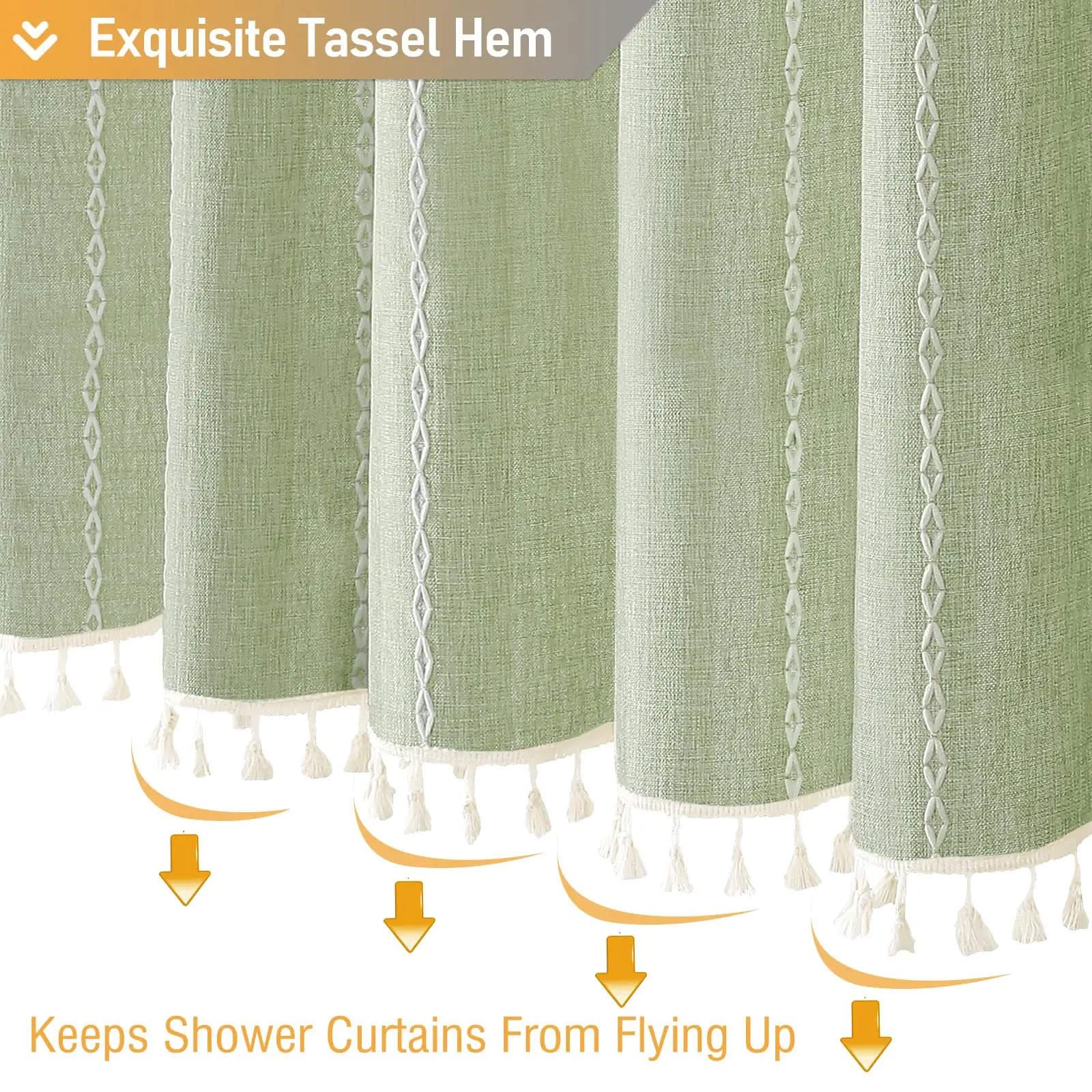 Green Farmhouse Shower Curtain Linen Striped Heavy Duty Fabric Shower Curtain Set with Tassel Bohemian Country Thick Curtain