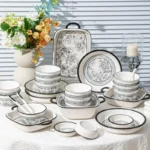Elegant 20-piece porcelain dinnerware set arranged on a table, showcasing bowls and plates in a gift box