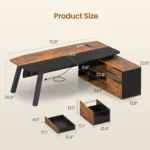 71" Executive Desk with File Cabinet, Large Office Desk with Drawers and Shelves, L Shaped Computer Desk with Power,