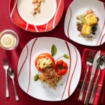MALACASA Felisa red stripe dinnerware set arranged on a dining table