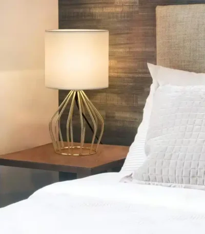 Modern Gold Table Lamp Hollowed Base Linen Fabric Shade Small Bedside Night Light for Bedroom Living Room Home Interior Decor