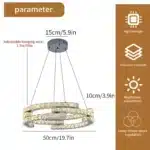 3-Ring Crystal Chandelier, Dimmable Pendant Light with Remote, Adjustable Height Ceiling Light for Living Room, Dining Room